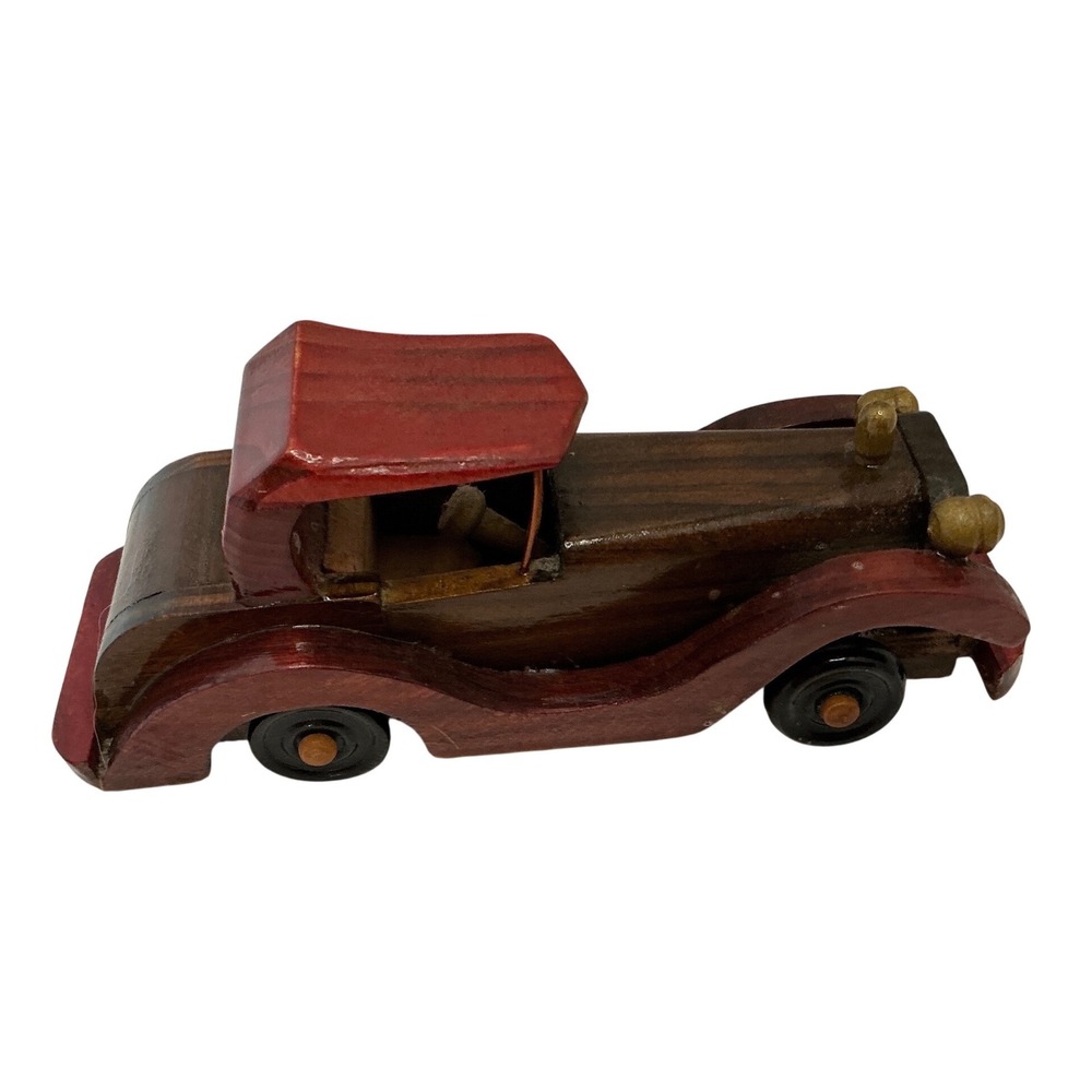 Handmade Wooden Model Car Vintage Style Antique Roadster Decorative Brown Red